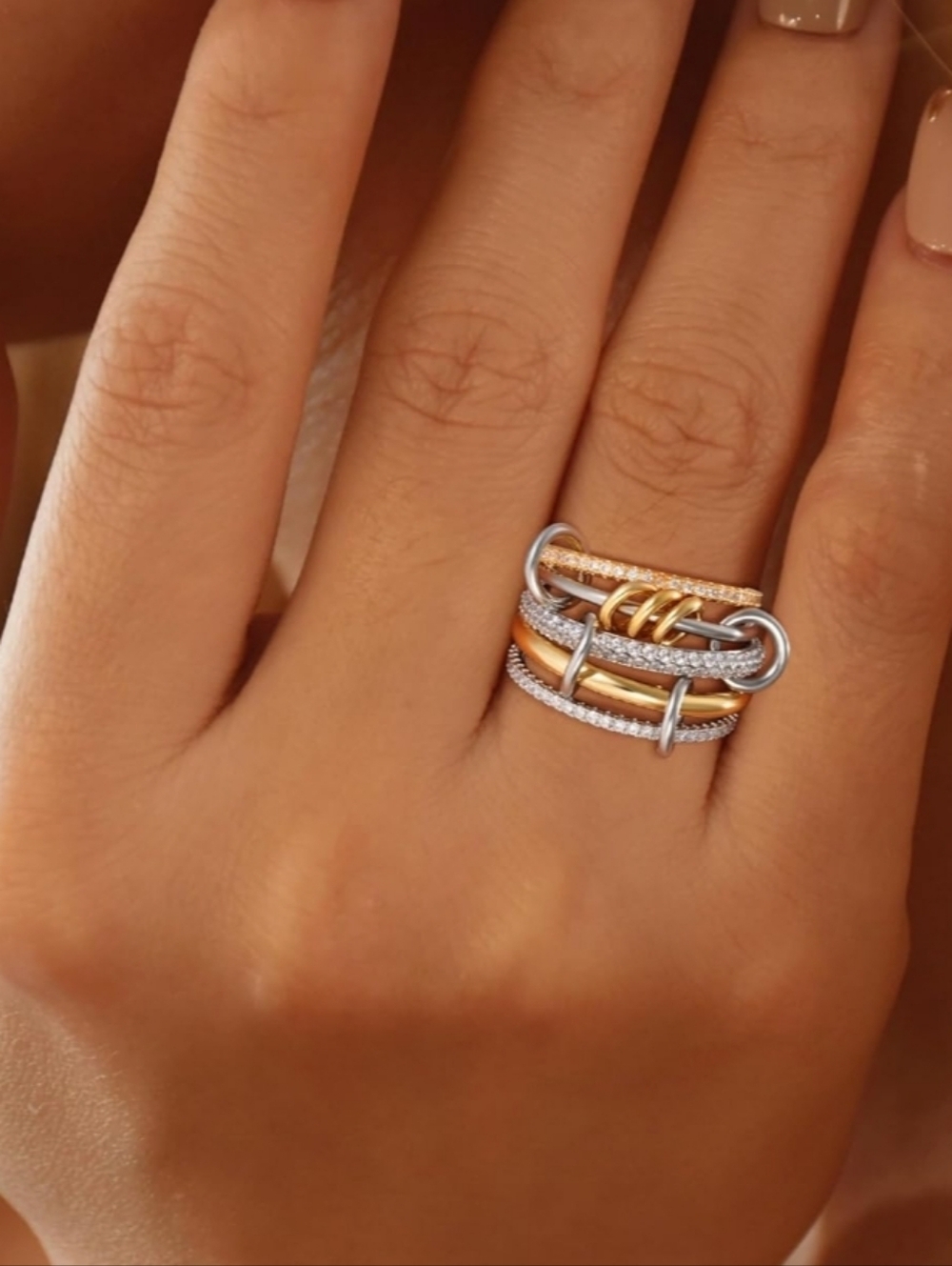 Gold & Silver Multi-Band Crystal Stackable Rings - Picture 2 of 6